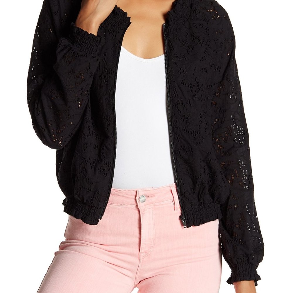 Sanctuary New IN BLOOM Eyelet Bomber Zip-Up Jacket XL Womens Topper Cotton BLACK - Picture 5 of 16